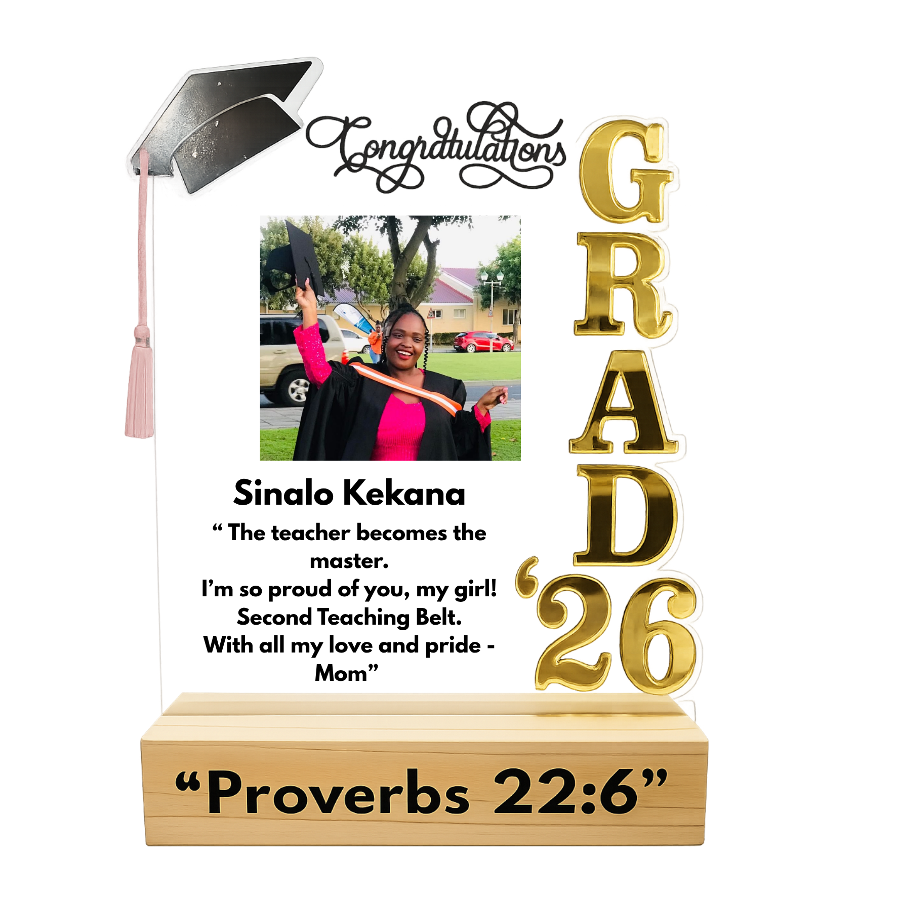 Personalised Graduation Perspex Display with Wooden Stand – A4